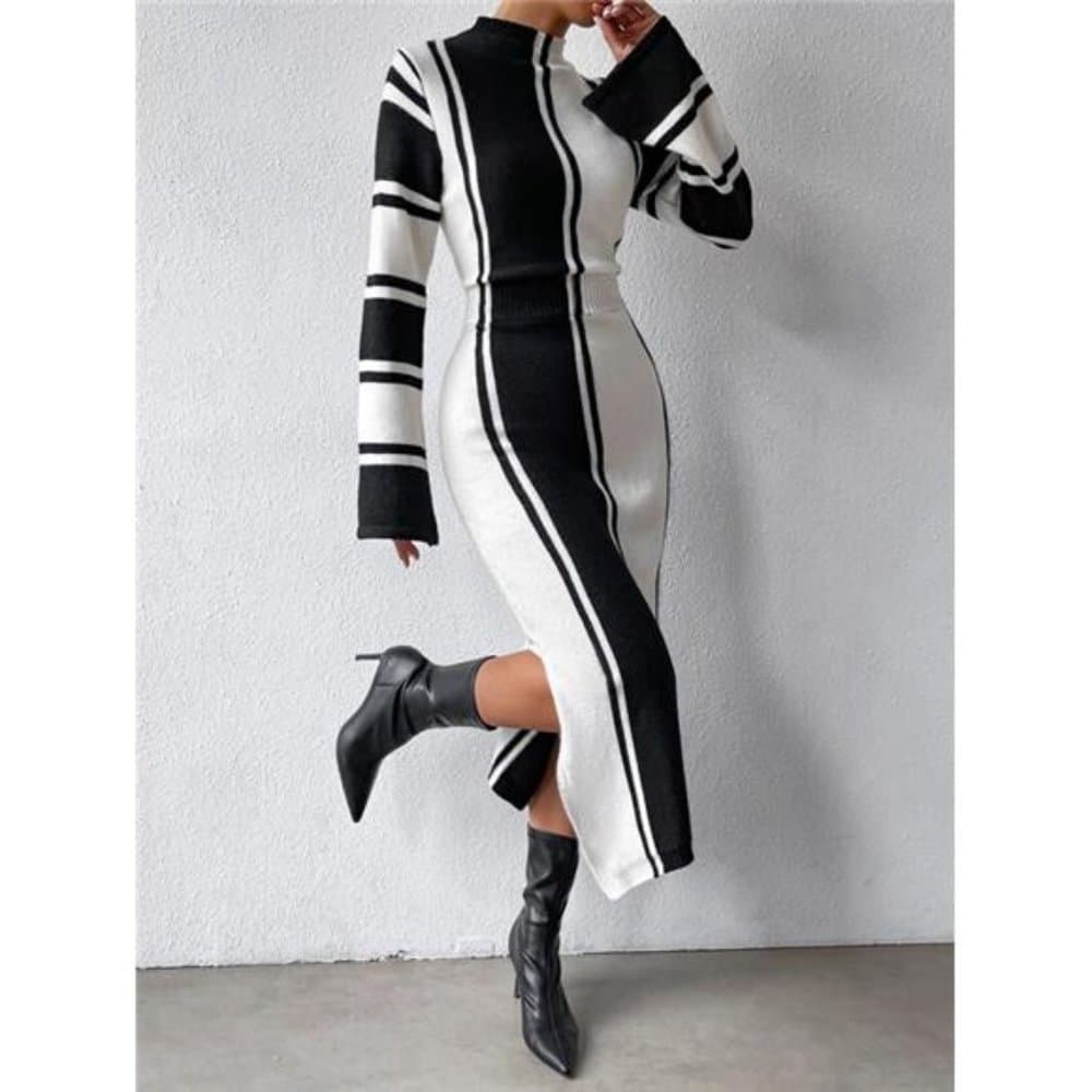 Privé Striped Pattern Slit Hem Sweater Dress - Thumbnail 14