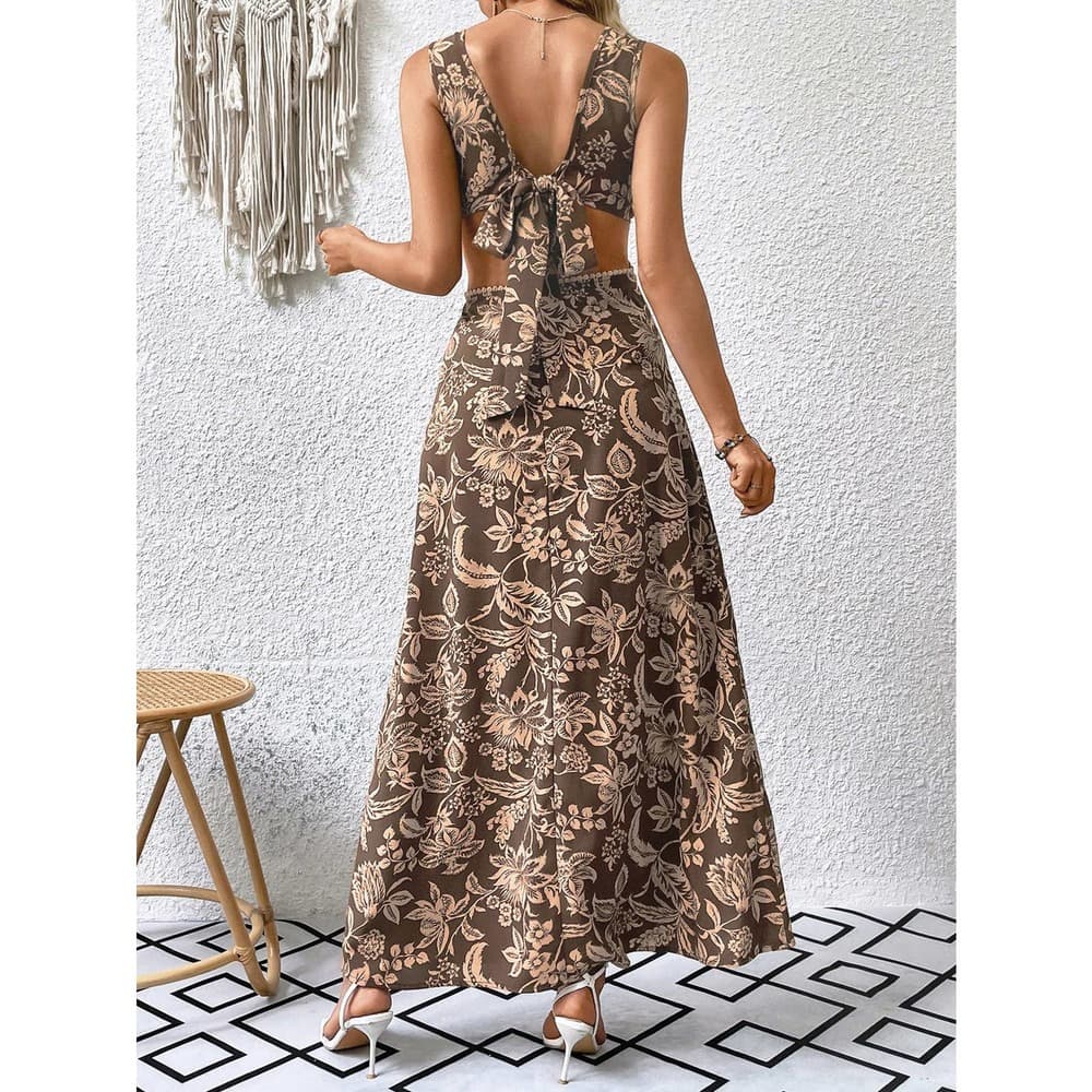 Floral Print Ring Linked Cut Out Tie Back Maxi Dress - Thumbnail 5
