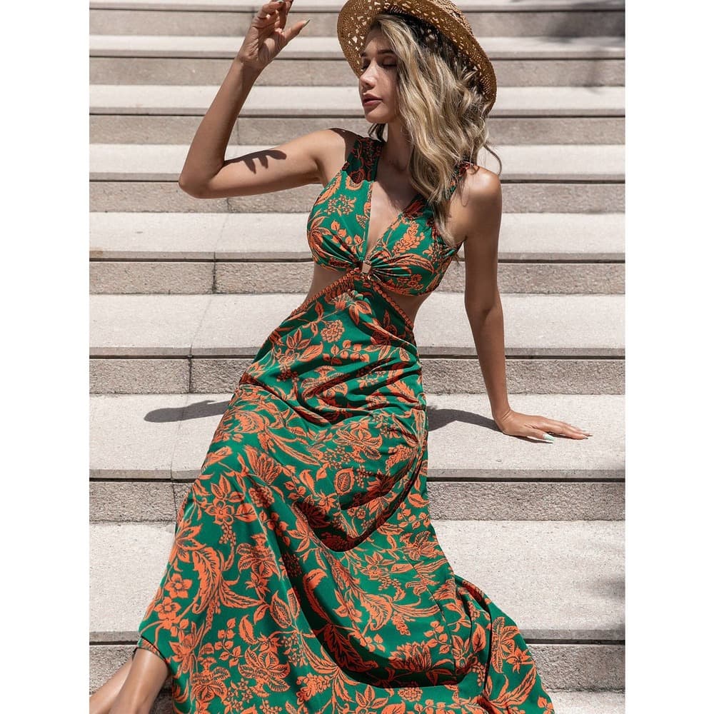 Floral Print Ring Linked Cut Out Tie Back Maxi Dress