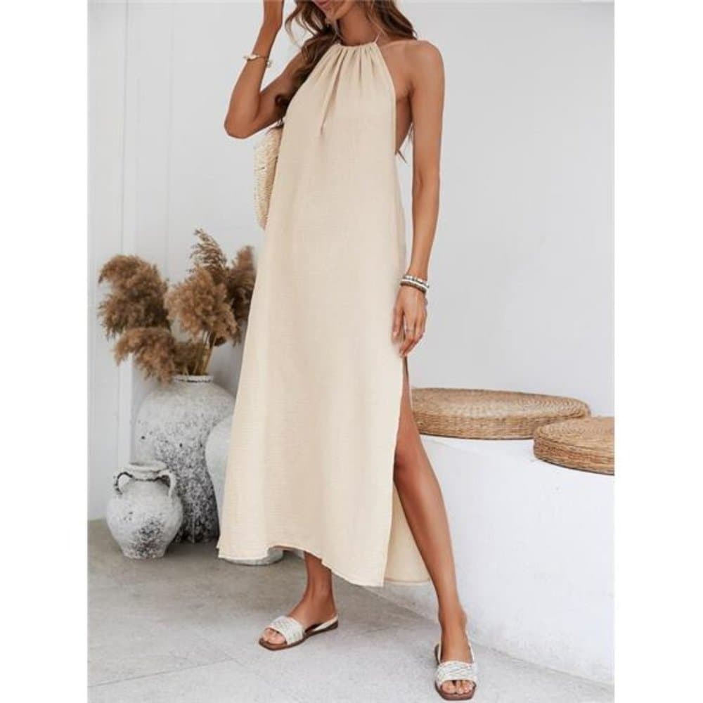 Solid Split Thigh Halter Dress