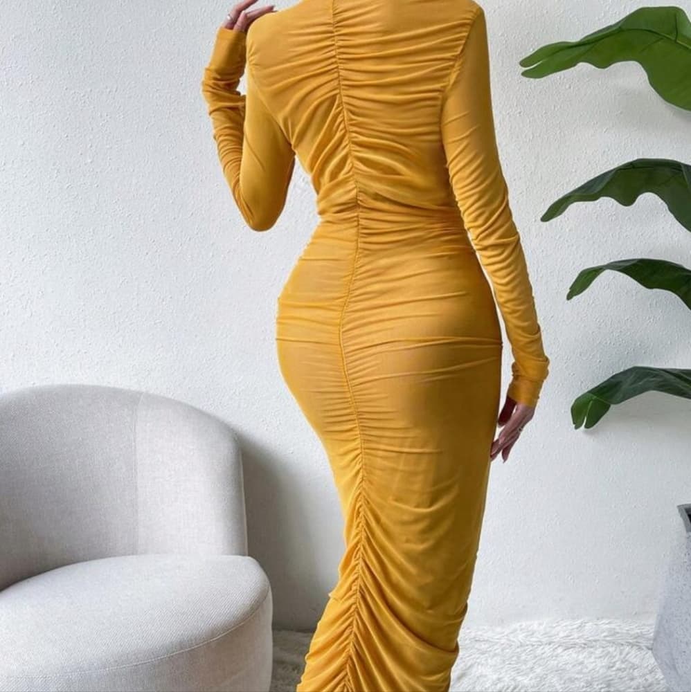 Mock Neck Ruched Bodycon Dress - Thumbnail 2