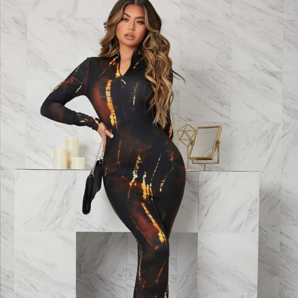 Zip Half Placket Tie Dye Bodycon DressBodycon Dress - Thumbnail 3