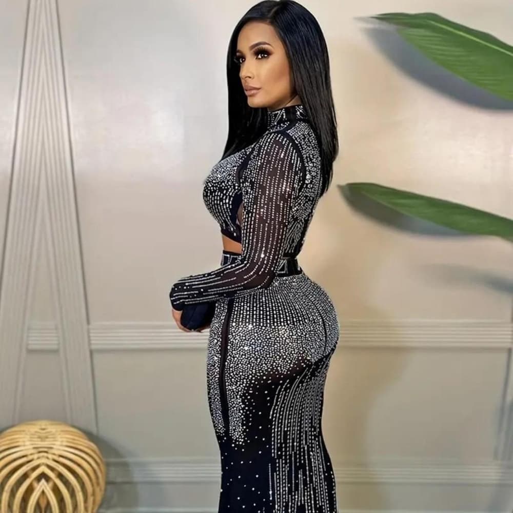 Party Rhinestone Two-piece Set, Bodycon Crop Top & High Waist Floor Length Skirt