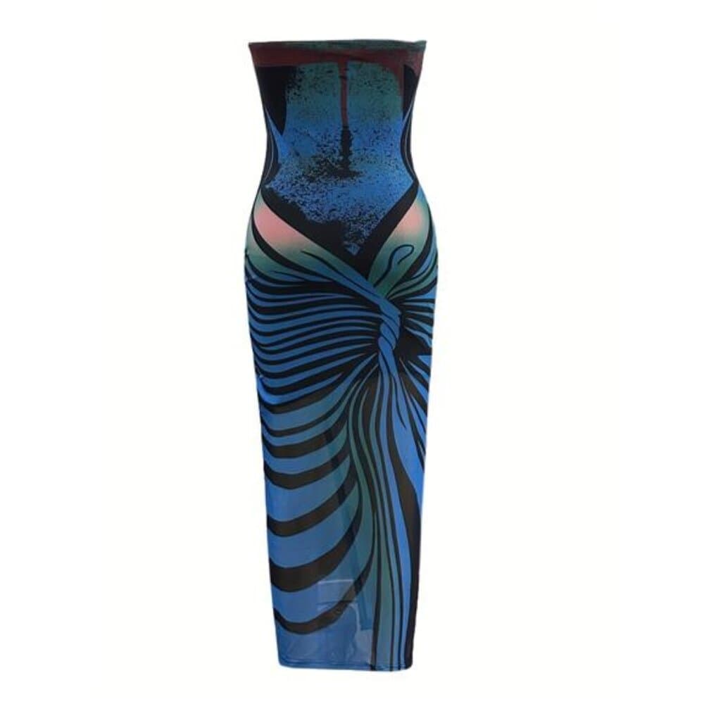Sheer Split Hem Bodycon Tube Dress, Vintage Sleeveless Strapless Dress - Thumbnail 3