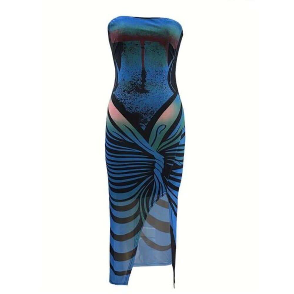 Sheer Split Hem Bodycon Tube Dress, Vintage Sleeveless Strapless Dress - Thumbnail 2