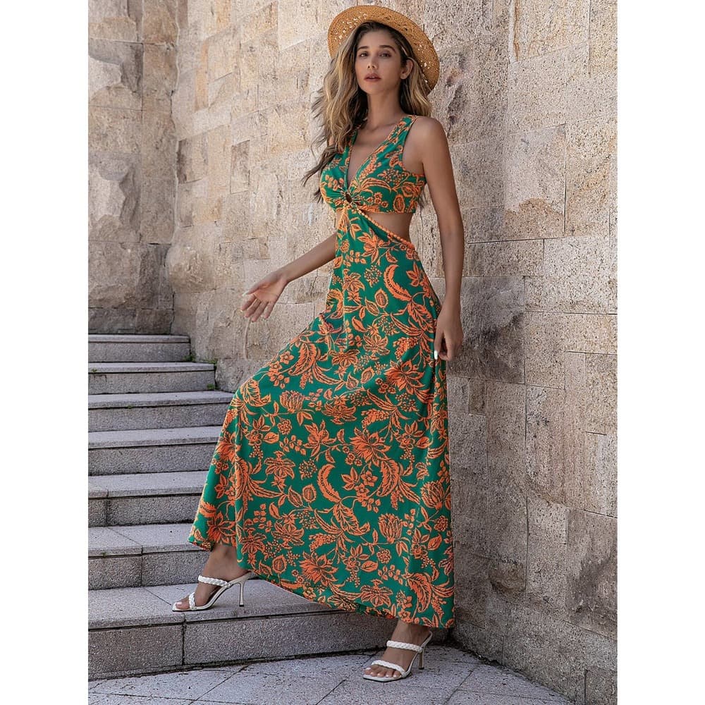 Floral Print Ring Linked Cut Out Tie Back Maxi Dress - Thumbnail 2