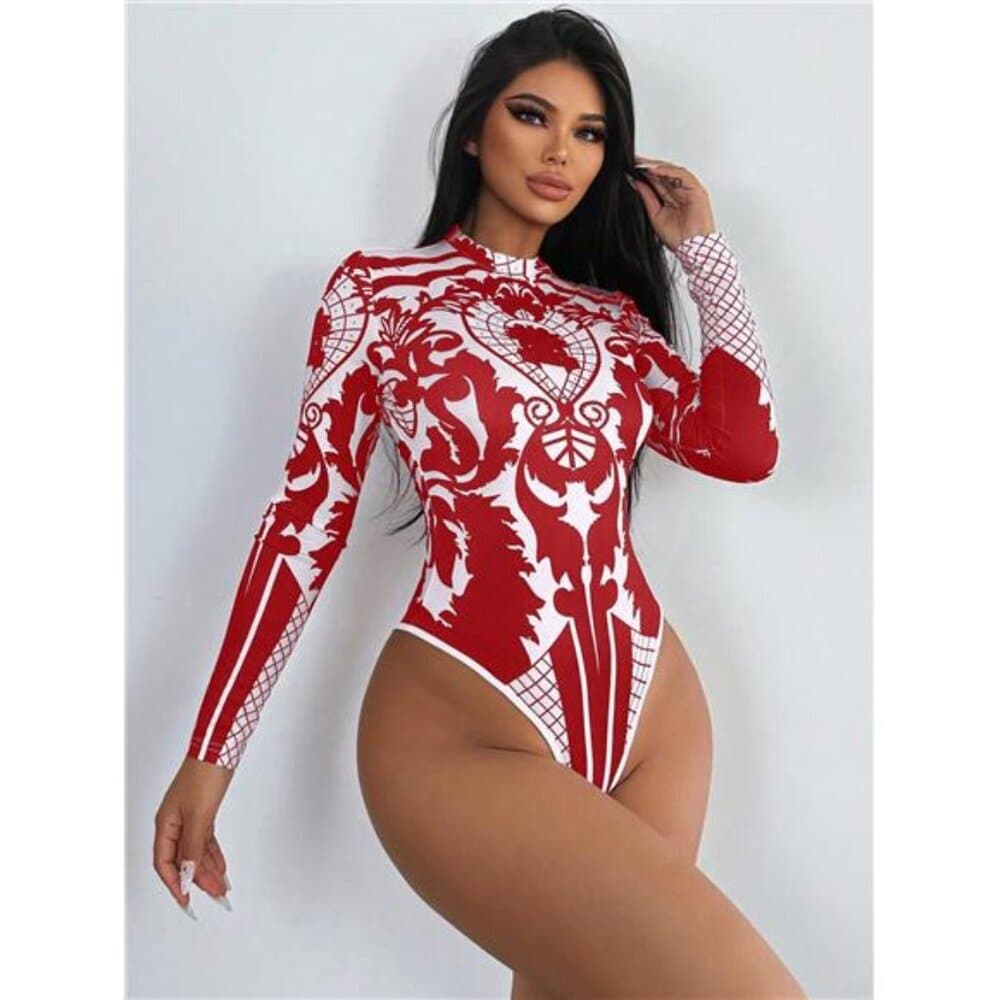Women's Botanical Printed Stand Collar Bodysuit For New Year Clothes - Thumbnail 4
