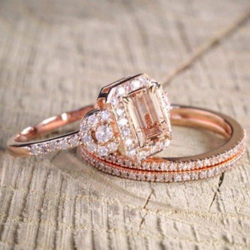 *NEW Rose Gold Diamond Halo Morganite 3PC Ring Set