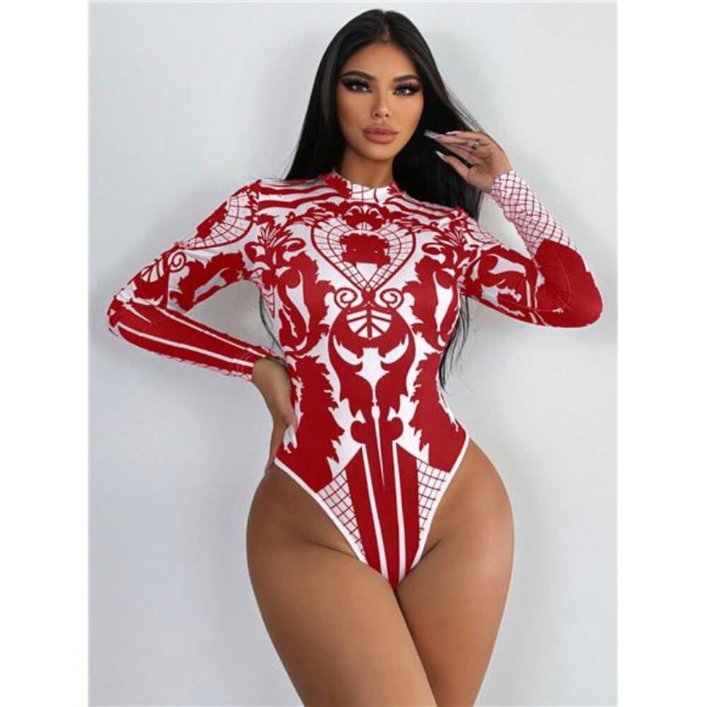 Women's Botanical Printed Stand Collar Bodysuit For New Year Clothes - Thumbnail 3