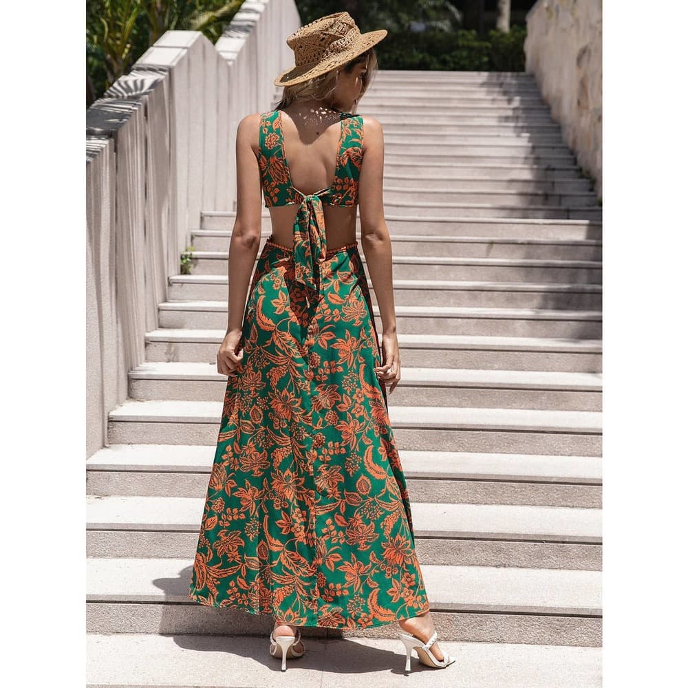 Floral Print Ring Linked Cut Out Tie Back Maxi Dress - Thumbnail 10