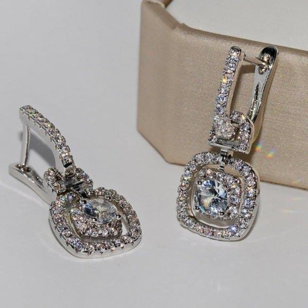 NEW Silver Halo Diamond Drop Huggie Hoop Earrings - Thumbnail 2