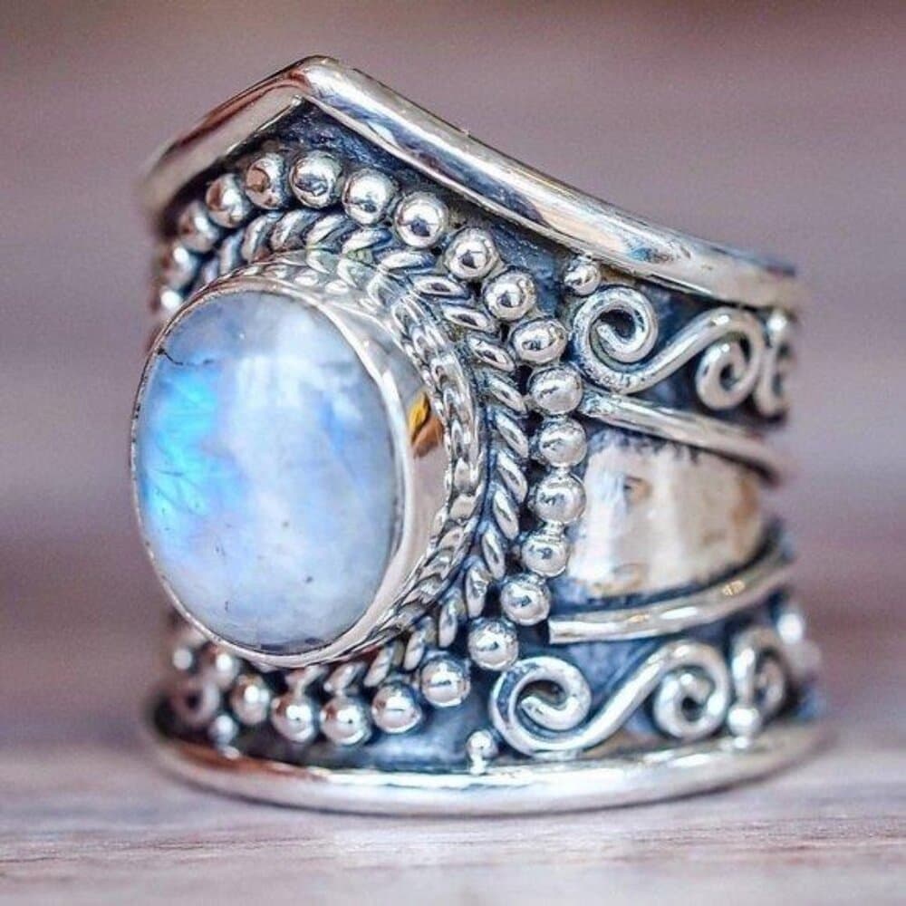 *NEW Vintage Moonstone 925 Silver Wide Band Ring