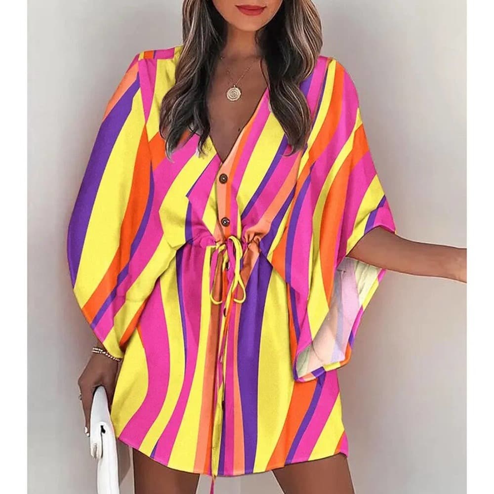 Summer Boho Mini Dress Flora Print Batwing - Thumbnail 2