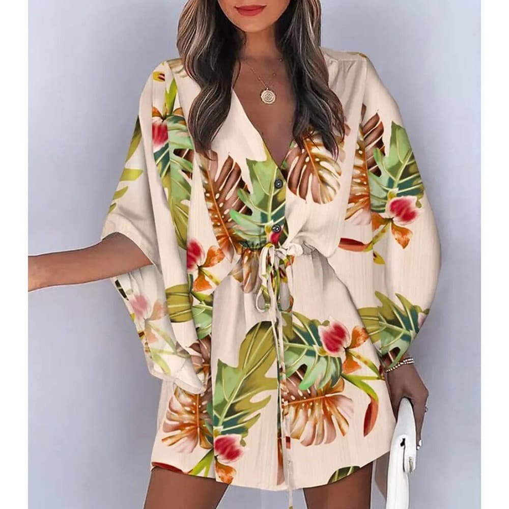 Summer Boho Mini Dress Flora Print Batwing - Thumbnail 6