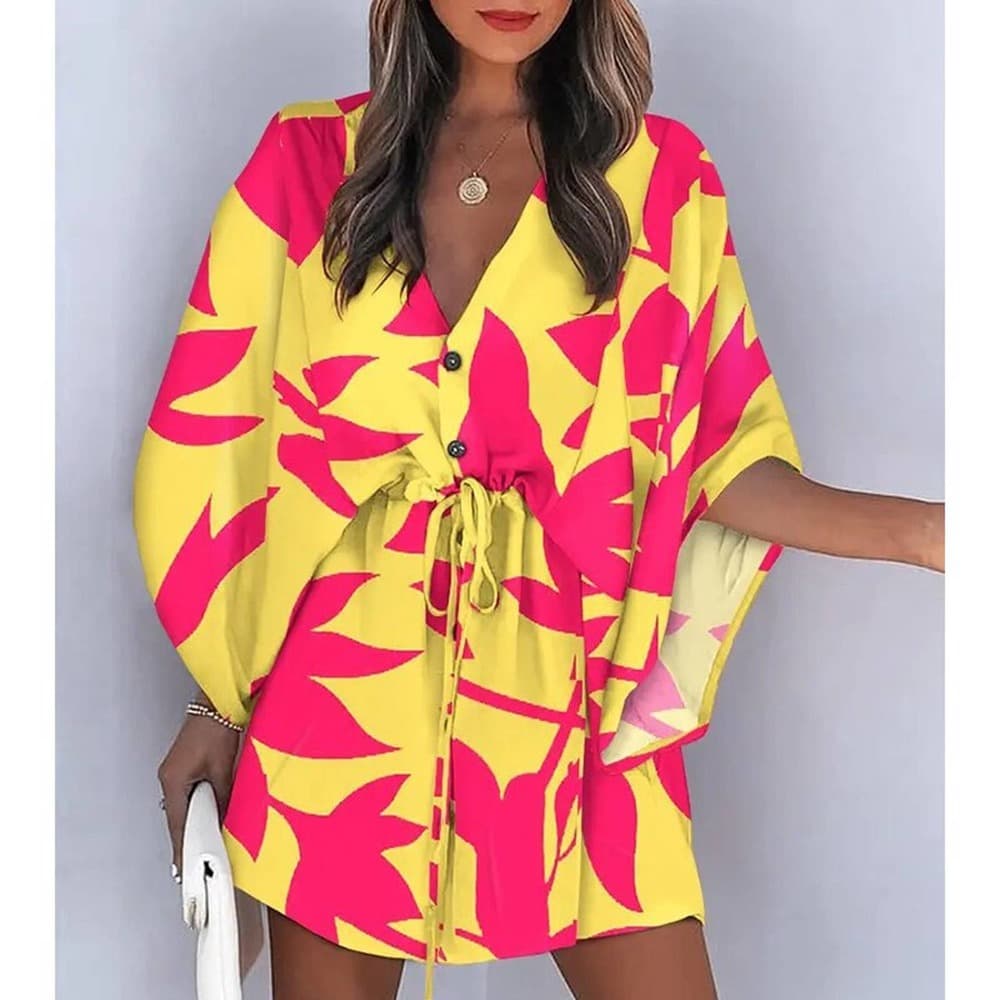 Summer Boho Mini Dress Flora Print Batwing
