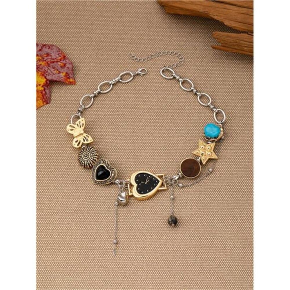 Y2K Style Multi-Element Necklace With Watch/Heart/Star/Butterfly Charms, - Thumbnail 2