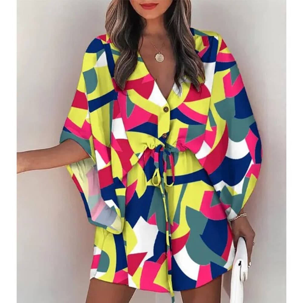Summer Boho Mini Dress Flora Print Batwing - Thumbnail 9