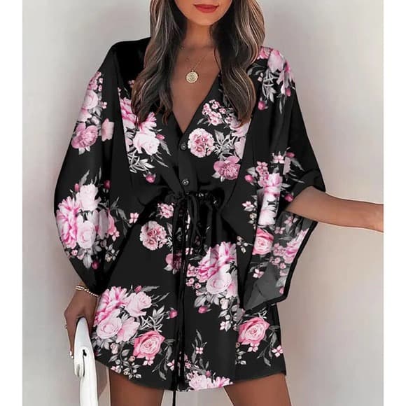 Summer Boho Mini Dress Flora Print Batwing - Thumbnail 12