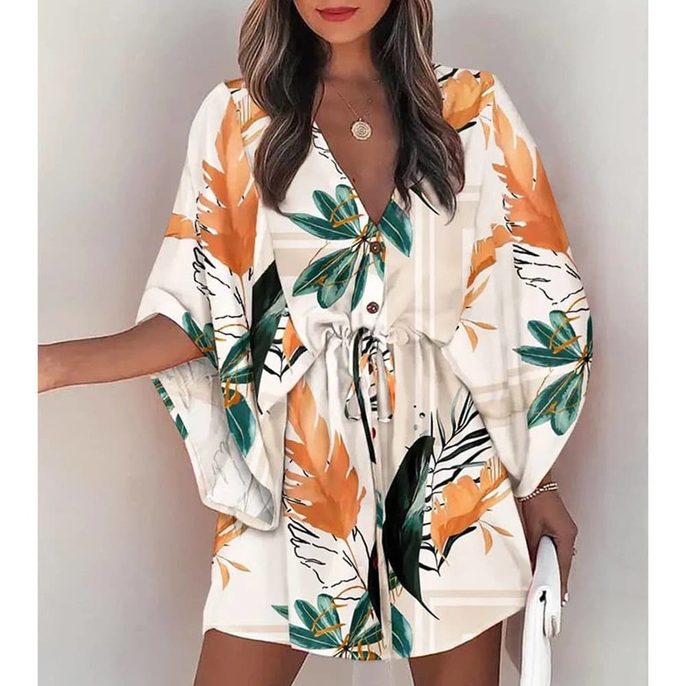 Summer Boho Mini Dress Flora Print Batwing - Thumbnail 10