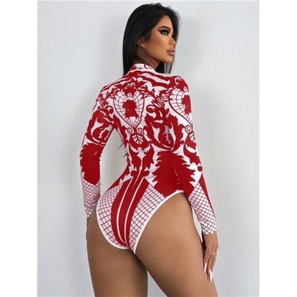 Women's Botanical Printed Stand Collar Bodysuit For New Year Clothes