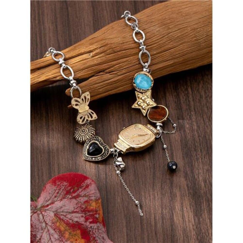 1pc Y2K Style Multi-Element Necklace With Watch/Heart/Star/Butterfly Charms, - Thumbnail 3