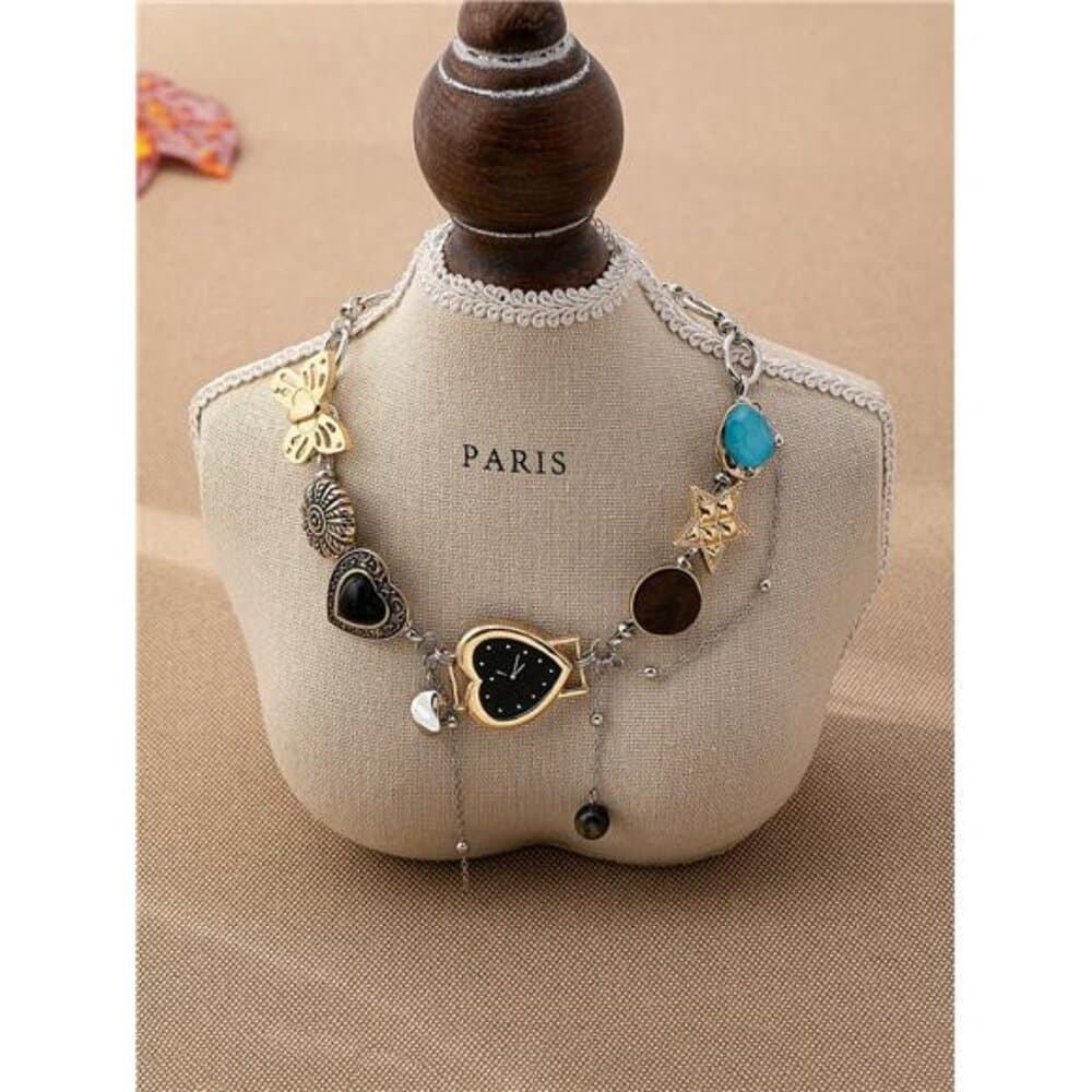 Y2K Style Multi-Element Necklace With Watch/Heart/Star/Butterfly Charms,