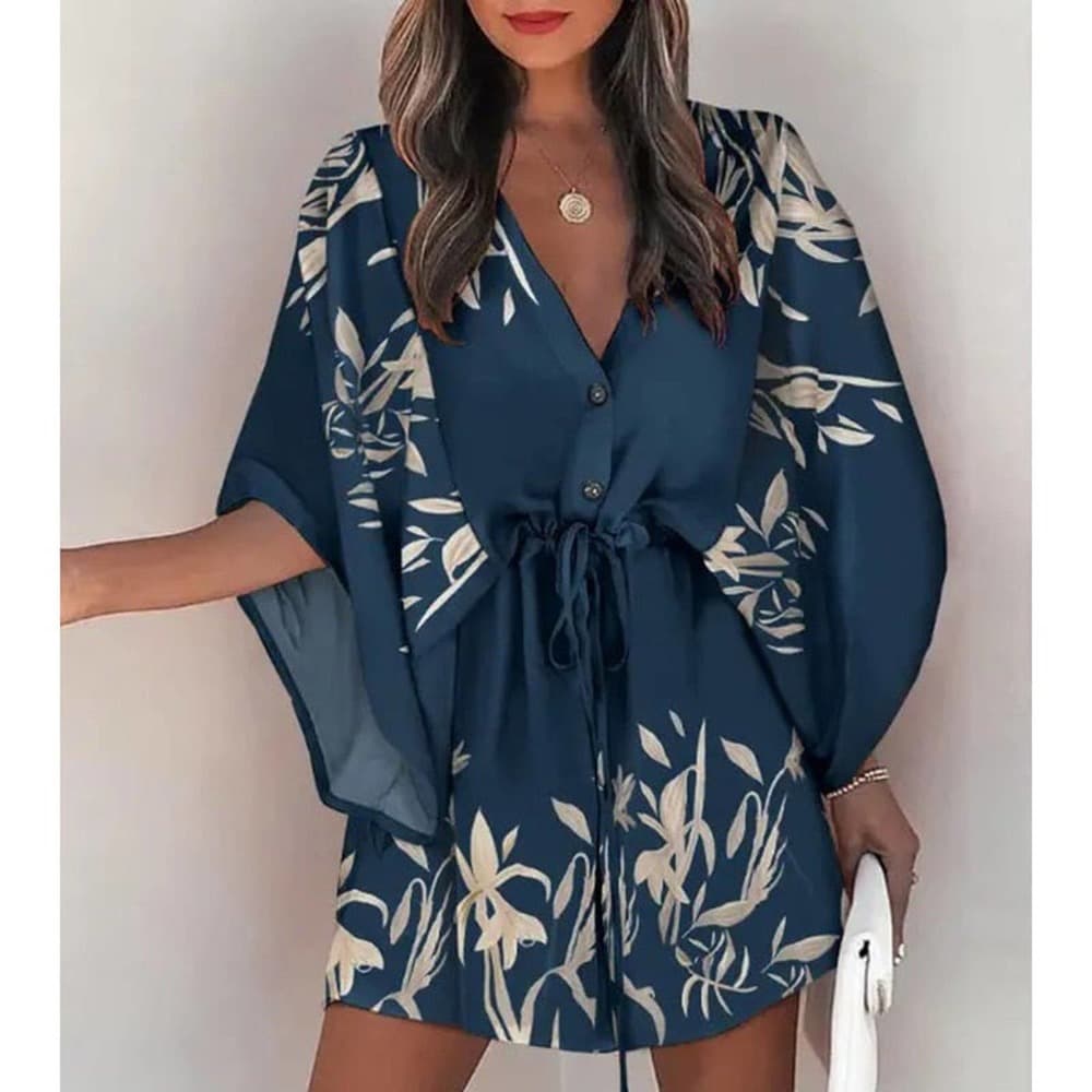 Summer Boho Mini Dress Flora Print Batwing - Thumbnail 8
