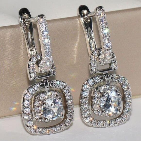 NEW Silver Halo Diamond Drop Huggie Hoop Earrings - Thumbnail 4