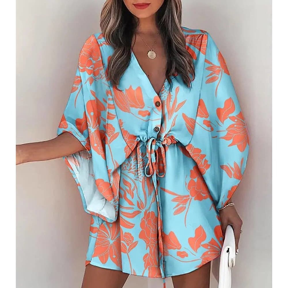 Summer Boho Mini Dress Flora Print Batwing - Thumbnail 5