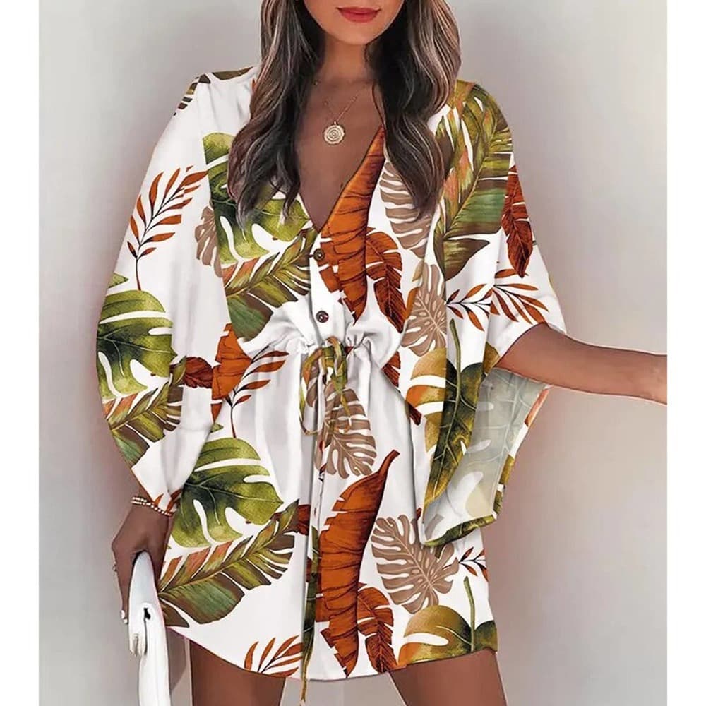 Summer Boho Mini Dress Flora Print Batwing - Thumbnail 3