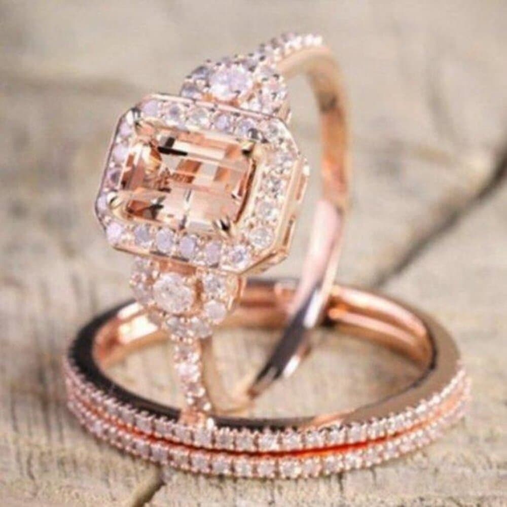 *NEW Rose Gold Diamond Halo Morganite 3PC Ring Set - Thumbnail 4