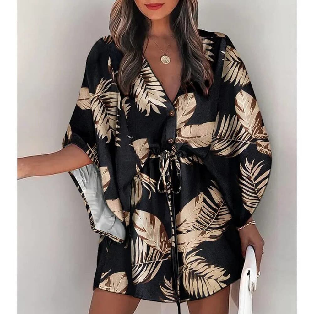 Summer Boho Mini Dress Flora Print Batwing - Thumbnail 4