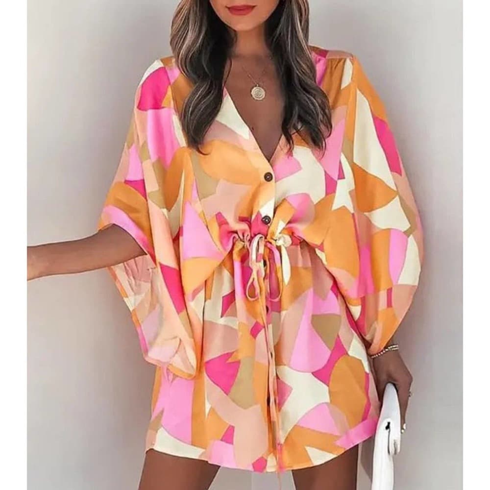 Summer Boho Mini Dress Flora Print Batwing - Thumbnail 7