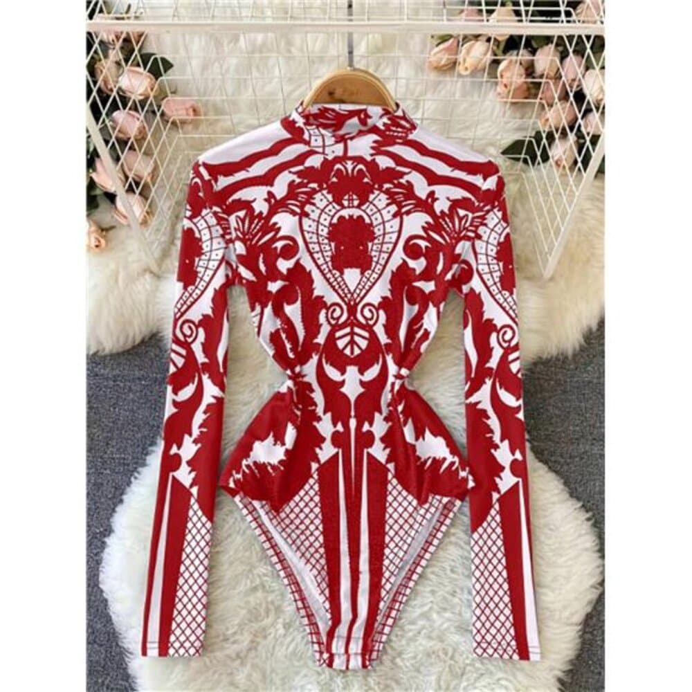 Women's Botanical Printed Stand Collar Bodysuit For New Year Clothes - Thumbnail 6