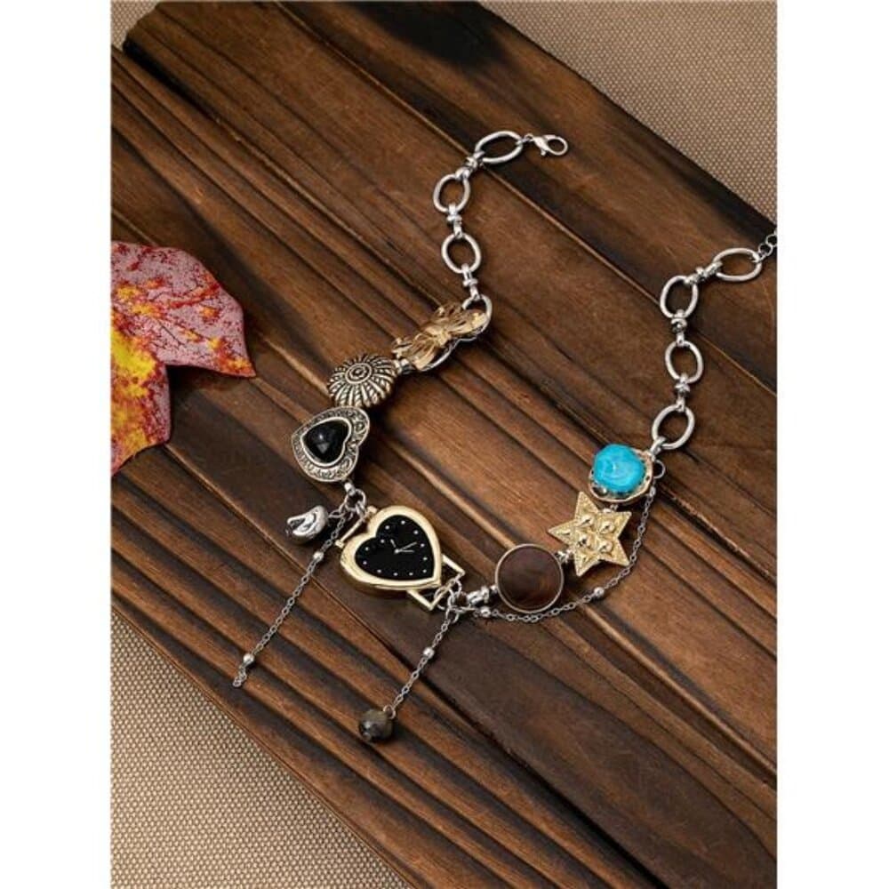 Y2K Style Multi-Element Necklace With Watch/Heart/Star/Butterfly Charms, - Thumbnail 4