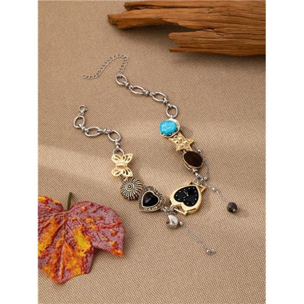 Y2K Style Multi-Element Necklace With Watch/Heart/Star/Butterfly Charms, - Thumbnail 3