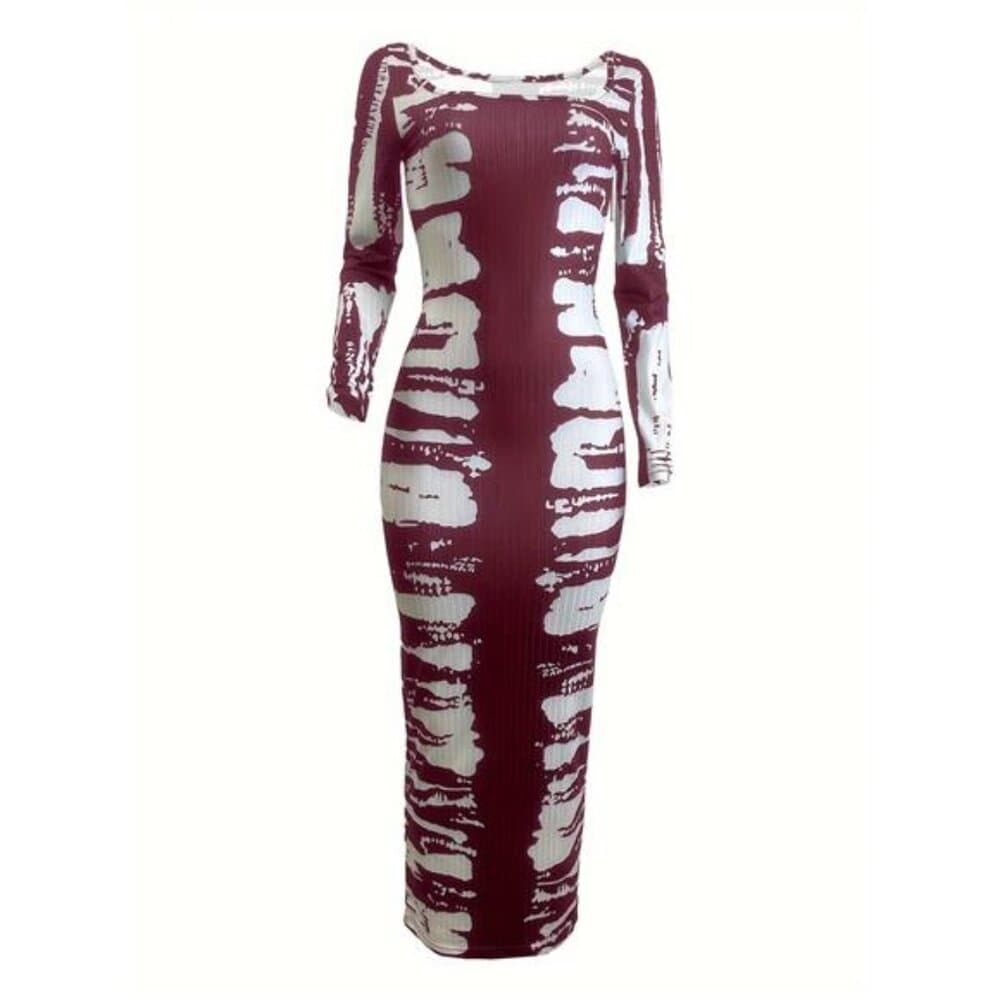 Color Block Ribbed Slim Dress, Casual Square Neck Long Sleeve Dress - Thumbnail 9