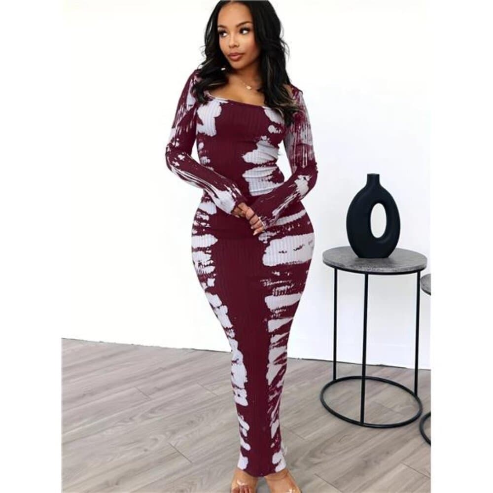 Color Block Ribbed Slim Dress, Casual Square Neck Long Sleeve Dress