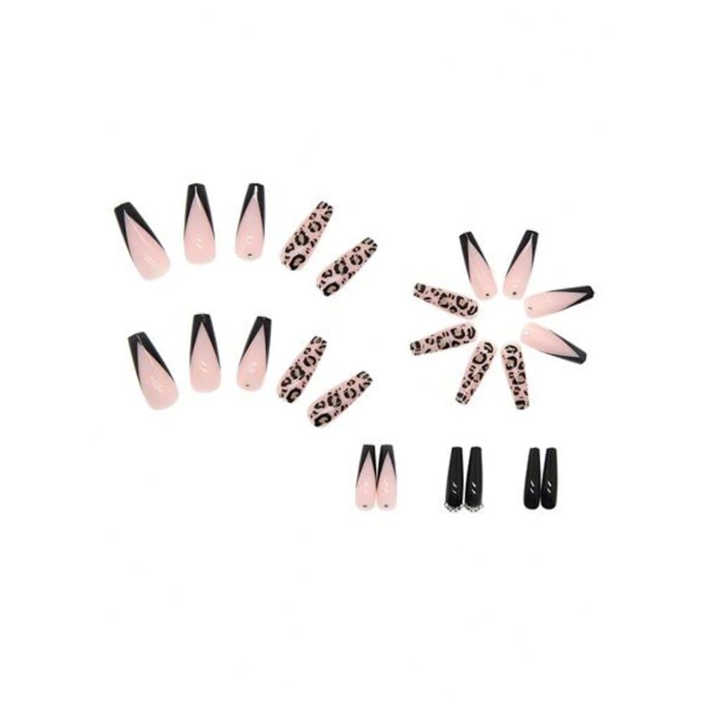 24Pcs French Long Ballet Design Rhinestone Studded Leopard Print False Nails, - Thumbnail 2