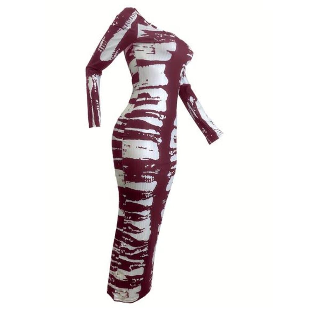 Color Block Ribbed Slim Dress, Casual Square Neck Long Sleeve Dress - Thumbnail 13