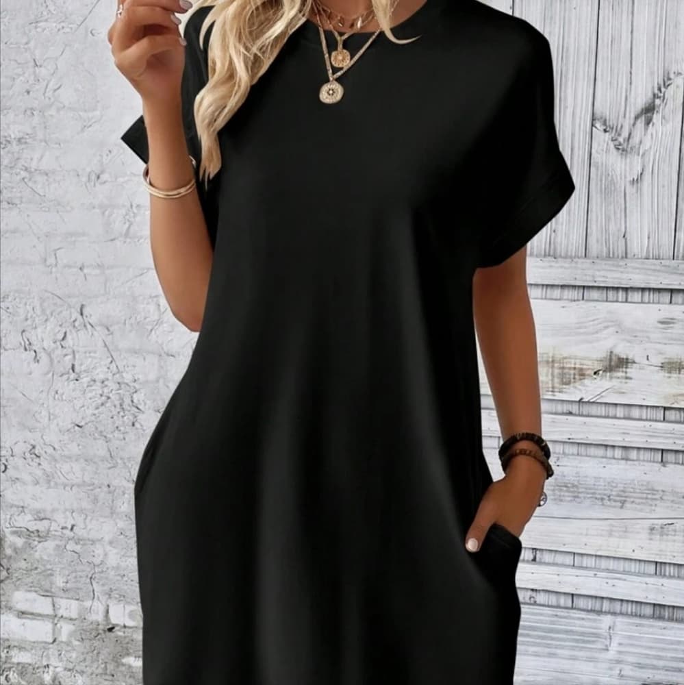 Solid Batwing Sleeve Hidden Pocket Tee Dress