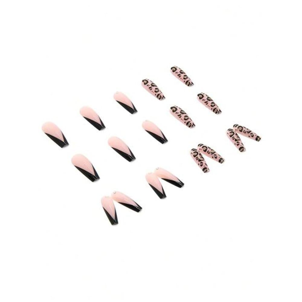 24Pcs French Long Ballet Design Rhinestone Studded Leopard Print False Nails, - Thumbnail 3