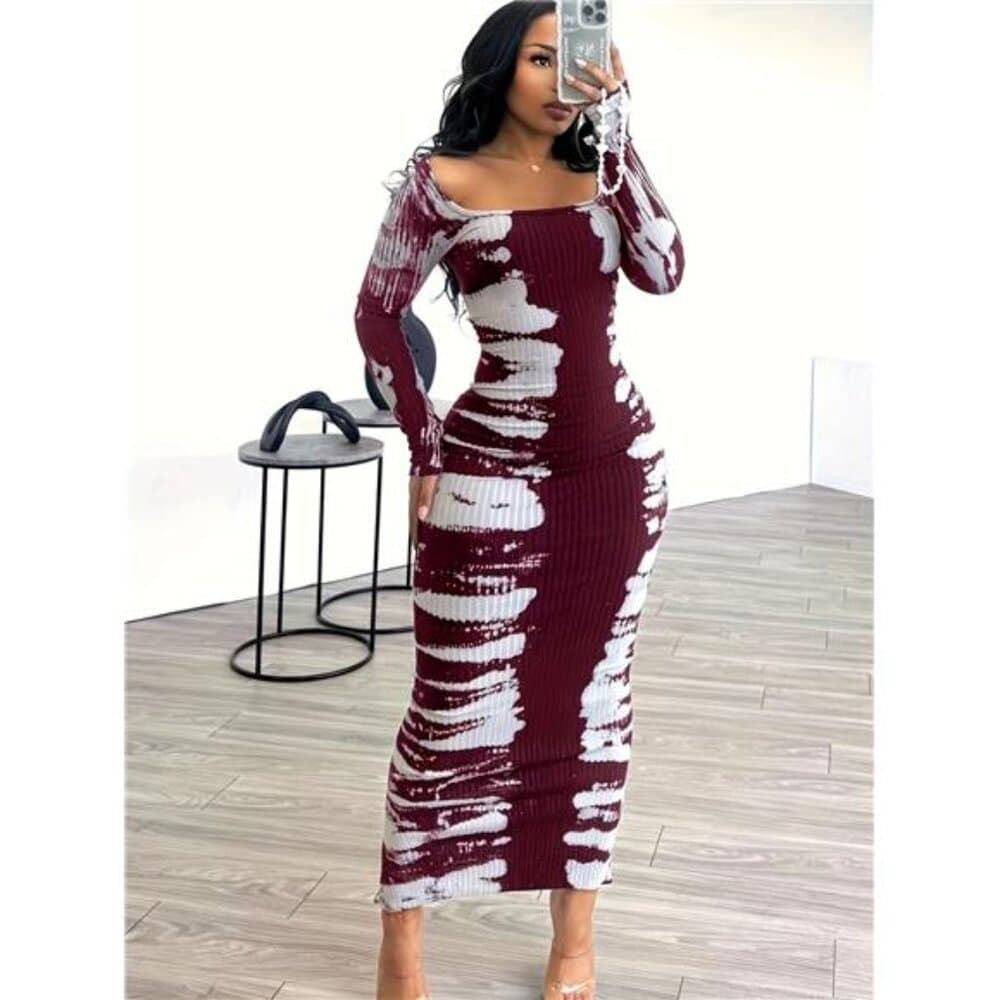 Color Block Ribbed Slim Dress, Casual Square Neck Long Sleeve Dress - Thumbnail 5
