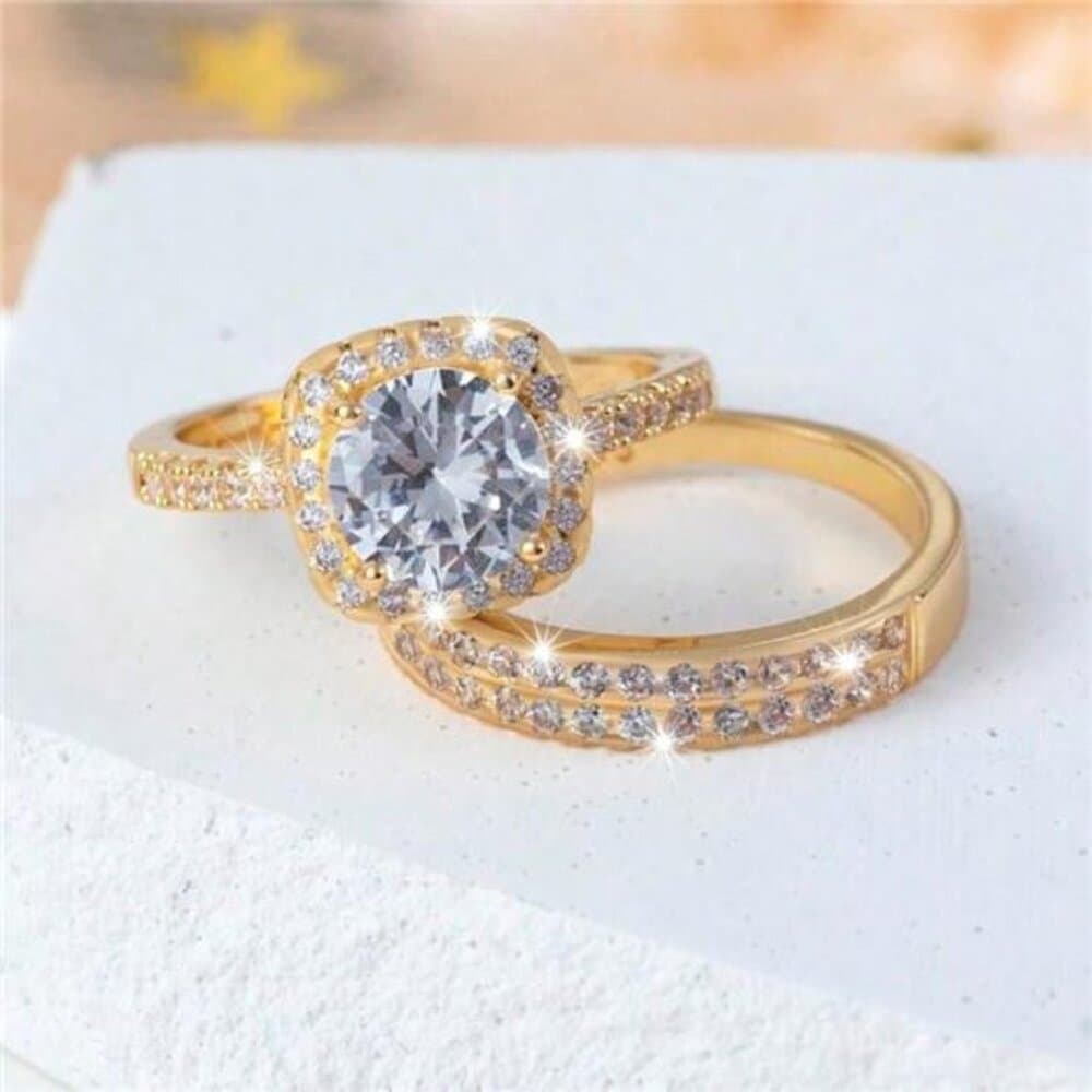2pcs/Set Women's Luxury Shiny Gold Alloy Zirconia Decorated Engagement Ring - Thumbnail 2