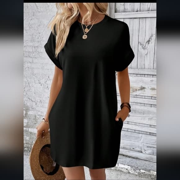 Solid Batwing Sleeve Hidden Pocket Tee Dress - Thumbnail 9