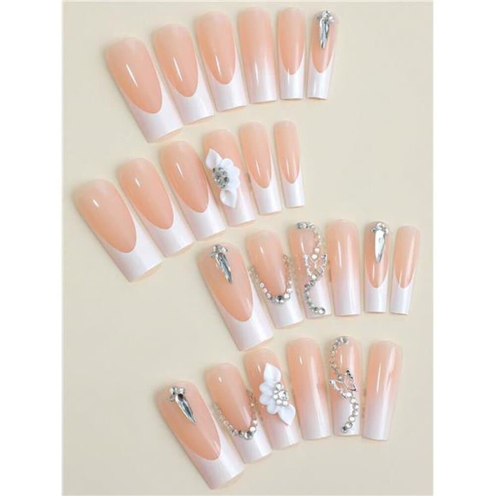 24pcs Rectangle Adhesive Nail Stickers, White French 3D Butterfly Crystal - Thumbnail 2
