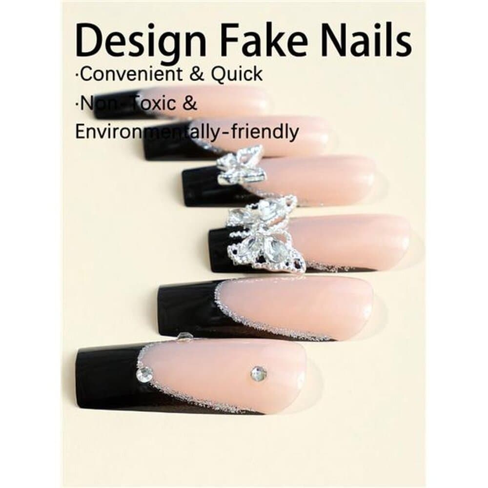 24pcs Y2K Style Pink Rectangle Press-On Nails, Black French Tip, Butterfly & - Thumbnail 2