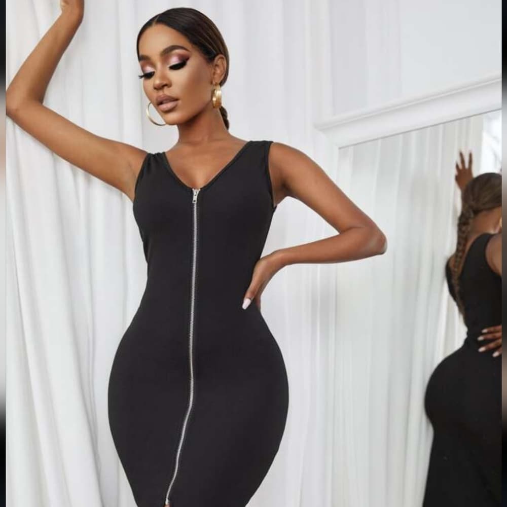 Black Solid Zipper Red Bodycon Dress - Thumbnail 4