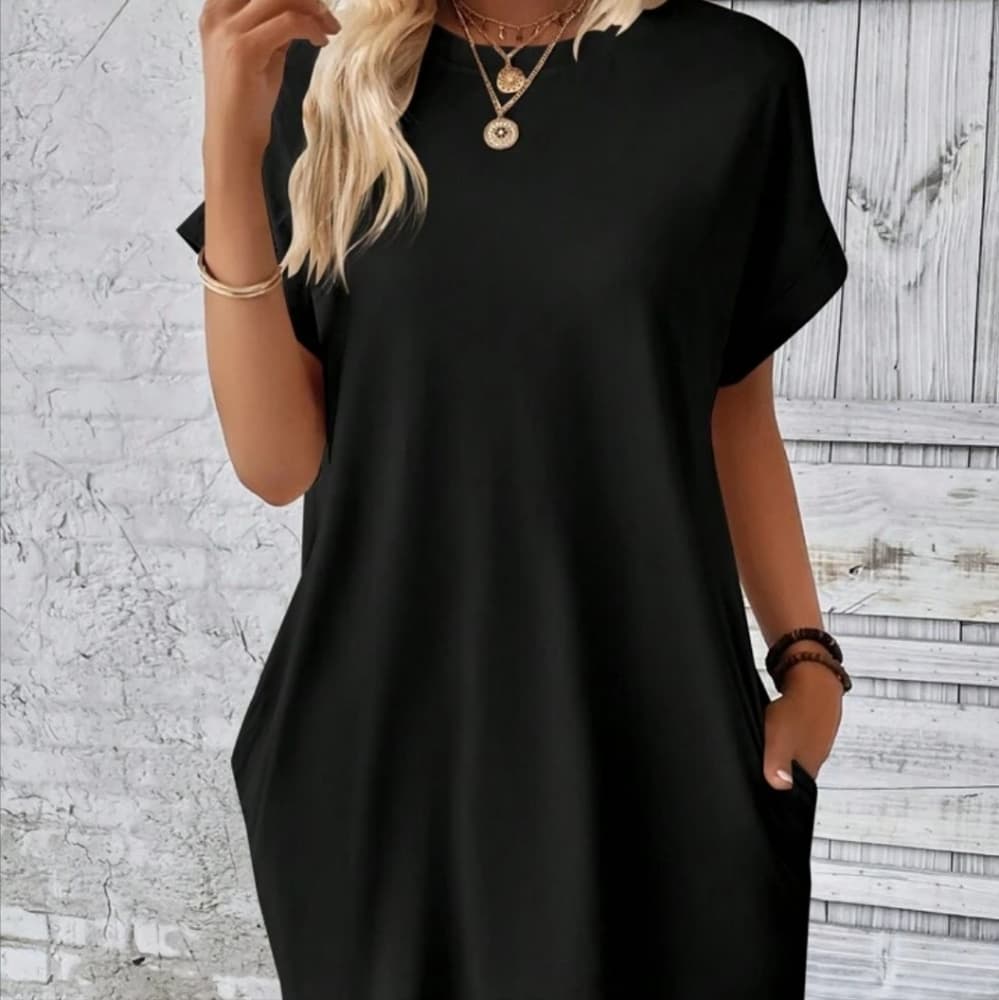 Solid Batwing Sleeve Hidden Pocket Tee Dress - Thumbnail 2