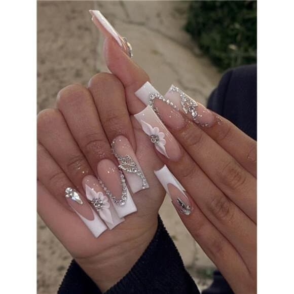 24pcs Rectangle Adhesive Nail Stickers, White French 3D Butterfly Crystal - Thumbnail 7